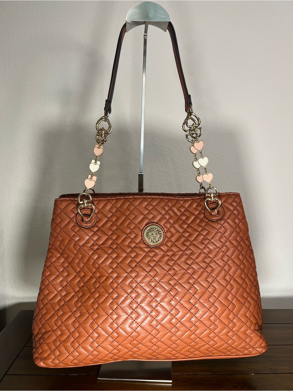 Anne Klein Quilted Cognac Leather Shoulder Bag with Heart Chain